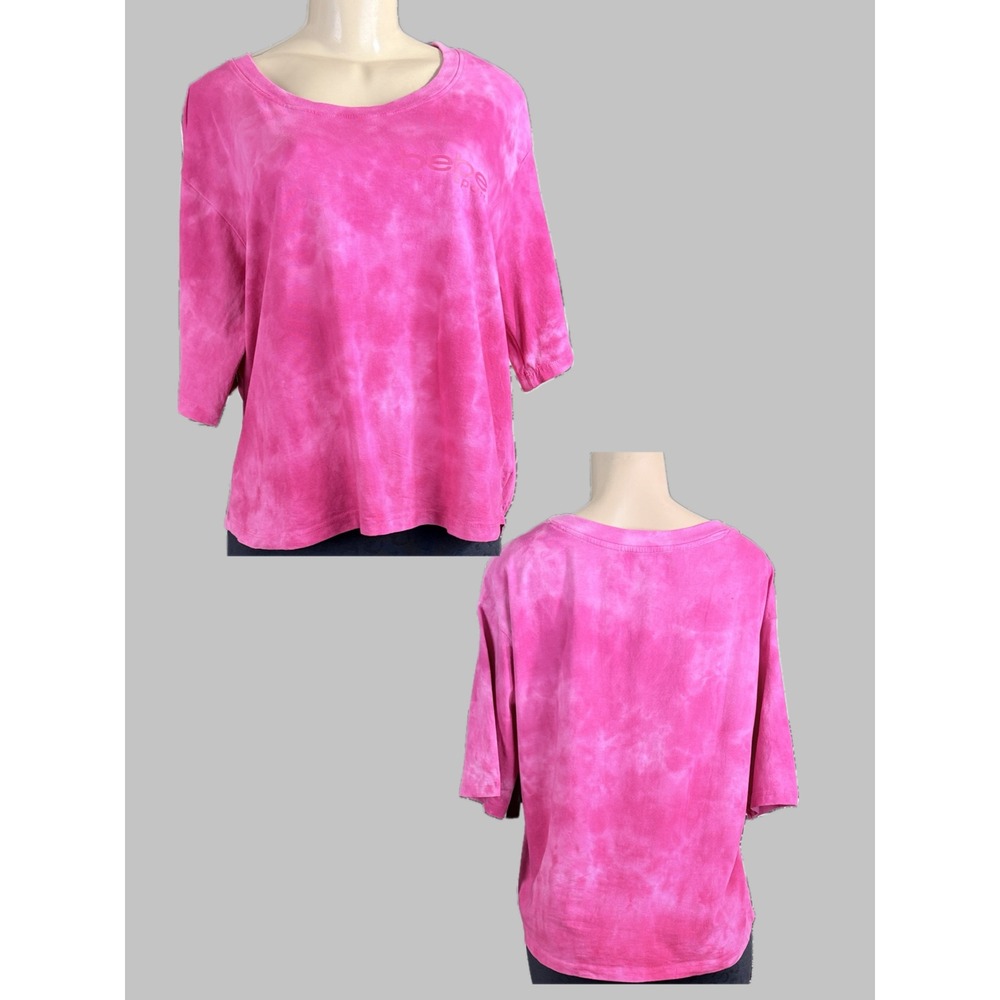 Bebe Sport 1X Raspberry Pink Tie Dye Tee Elbow Sleeve 4 Way Stretch Crew Neck